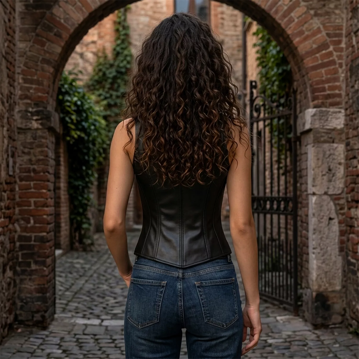 Women’s Black Leather Button Vest | Fitted V-Neck Waistcoat