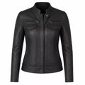 Women’s Black Leather Cafe Racer Jacket | Utility Biker Style