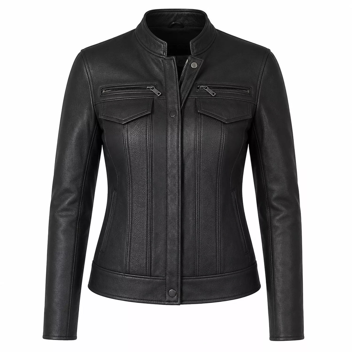 Women’s Black Leather Cafe Racer Jacket | Utility Biker Style