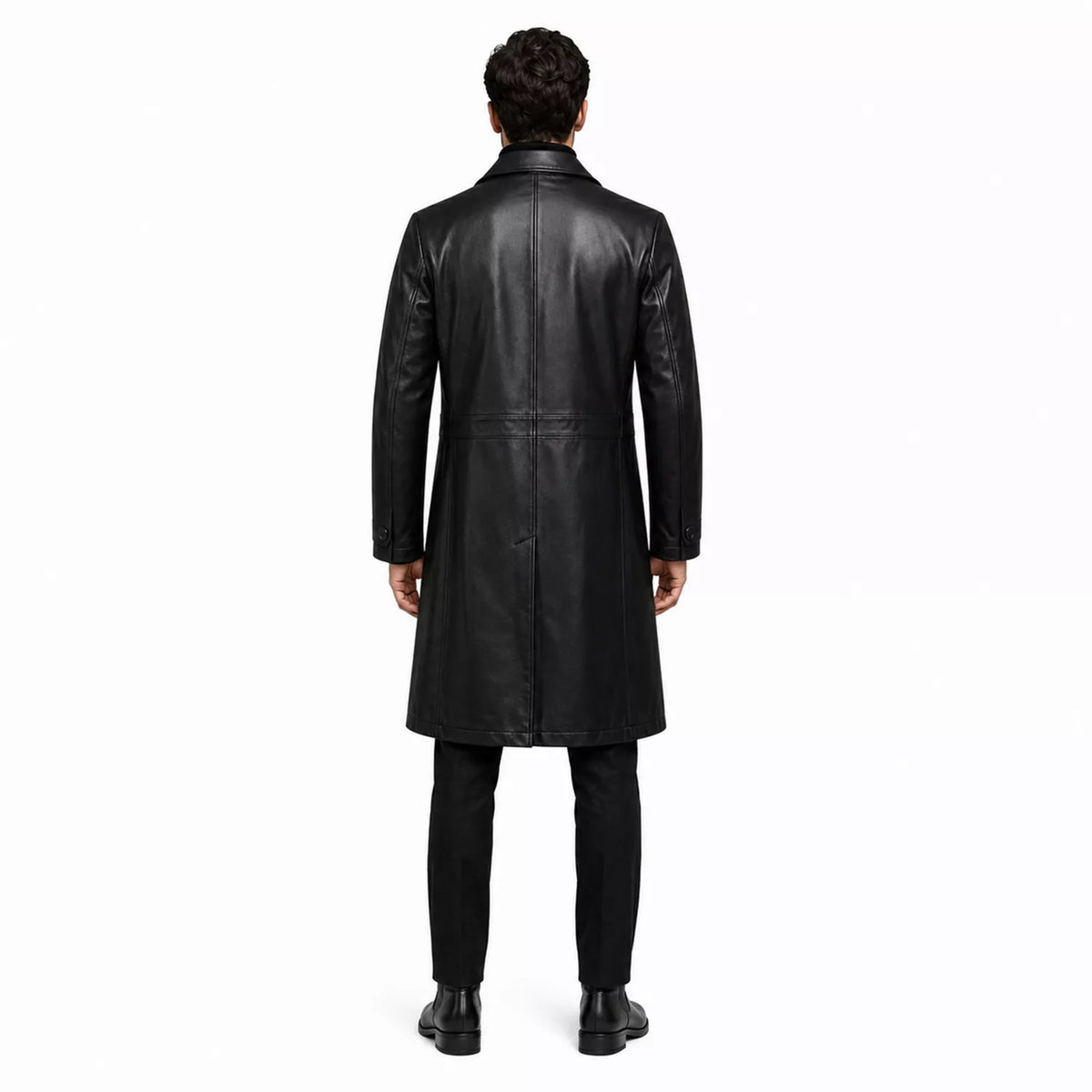 Men’s Black Leather Long Coat | Belted Button Front Trench Coat