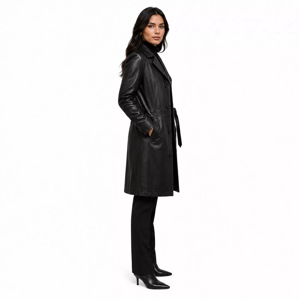 Women’s Black Leather Long Coat | Belted Button Front Trench Coat