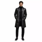 Men’s Black Leather Long Coat | Belted Button Front Trench Coat