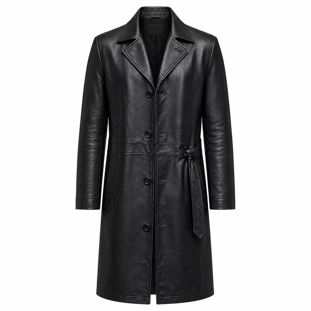 Men’s Black Leather Long Coat | Belted Button Front Trench Coat