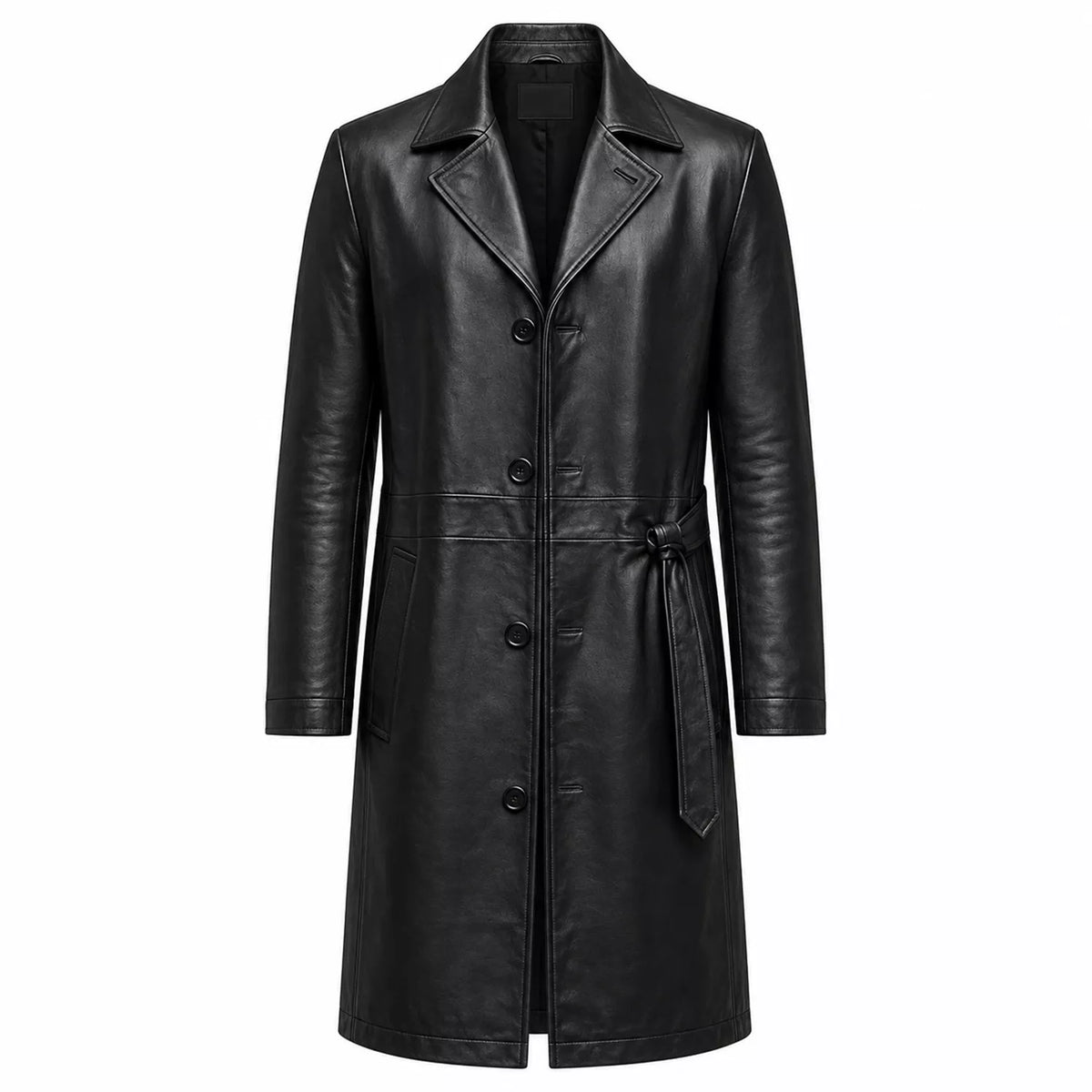 Men’s Black Leather Long Coat | Belted Button Front Trench Coat