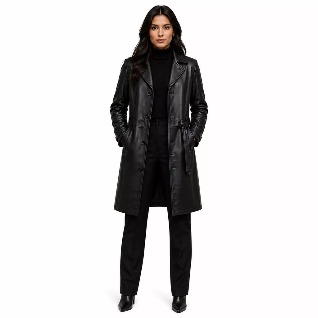 Women’s Black Leather Long Coat | Belted Button Front Trench Coat