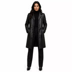 Women’s Black Leather Long Coat | Belted Button Front Trench Coat
