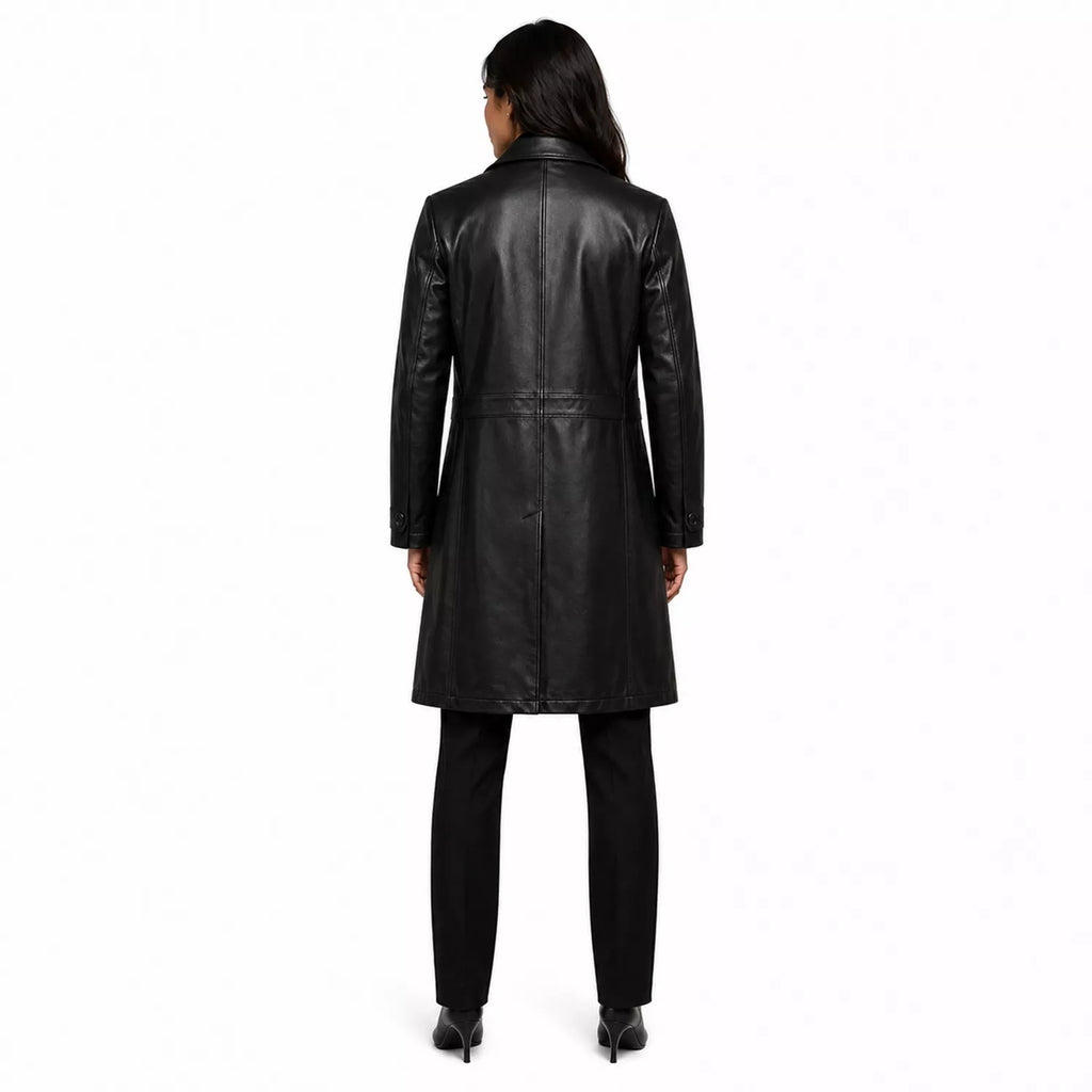 Women’s Black Leather Long Coat | Belted Button Front Trench Coat