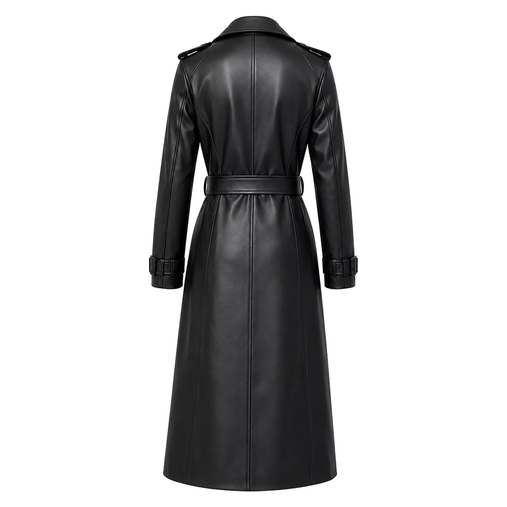 Women’s Black Leather Trench Coat | Long Double-Breasted Belted Coat