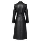 Women’s Black Leather Trench Coat | Long Double-Breasted Belted Coat