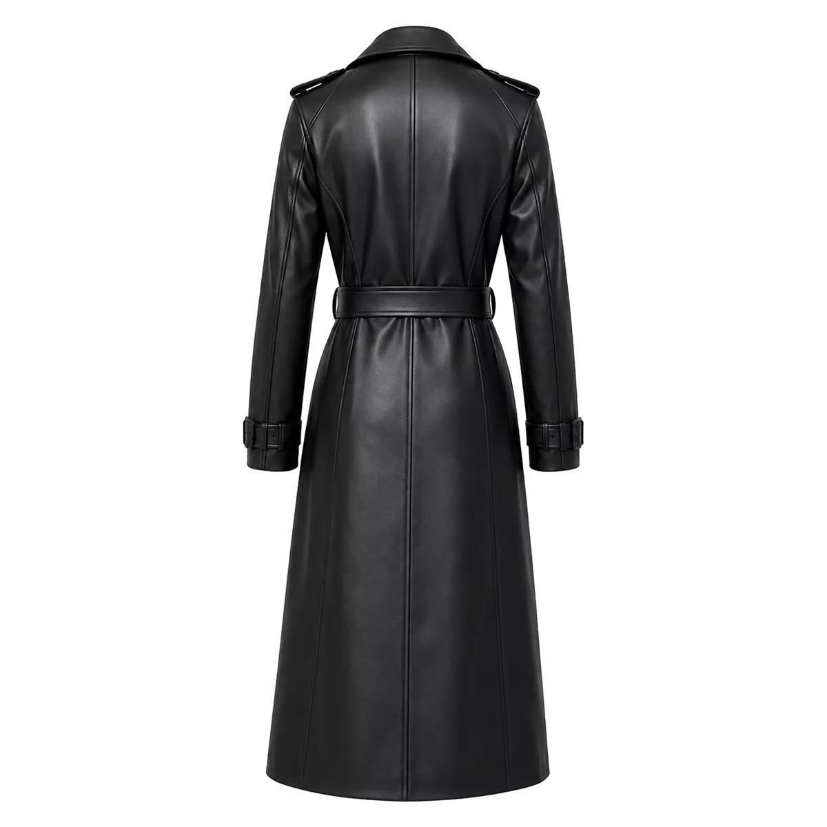Women’s Black Leather Trench Coat | Long Double-Breasted Belted Coat