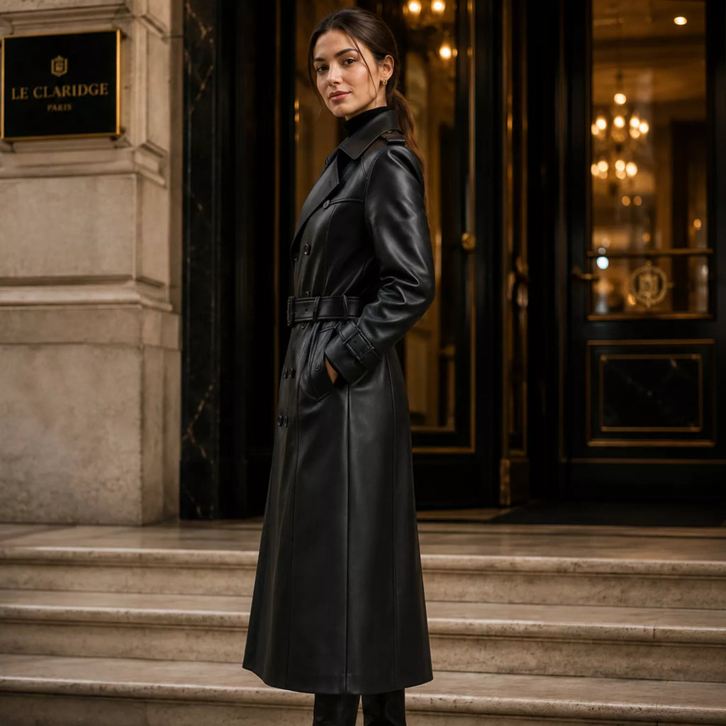 Women’s Black Leather Trench Coat | Long Double-Breasted Belted Coat