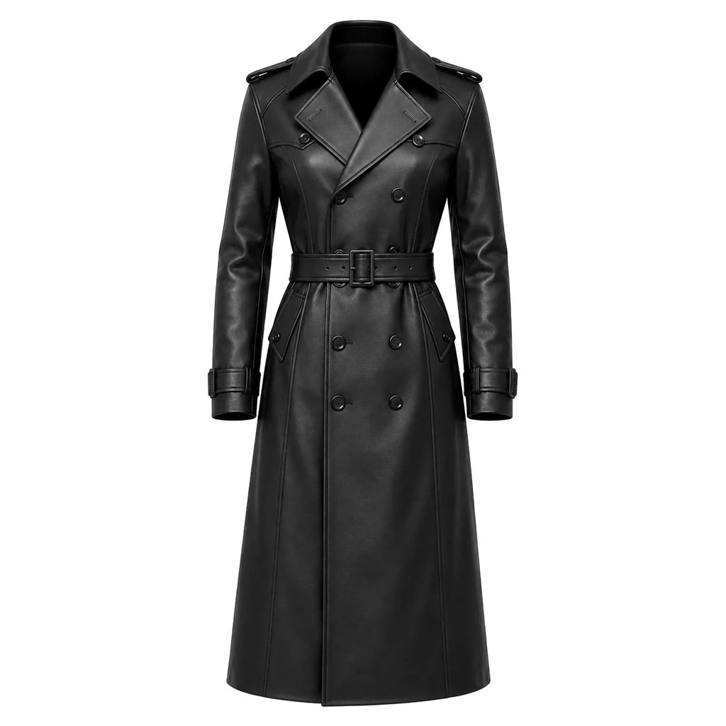 Women’s Black Leather Trench Coat | Long Double-Breasted Belted Coat