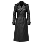 Women’s Black Leather Trench Coat | Long Double-Breasted Belted Coat