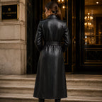 Women’s Black Leather Trench Coat | Long Double-Breasted Belted Coat