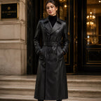 Women’s Black Leather Trench Coat | Long Double-Breasted Belted Coat