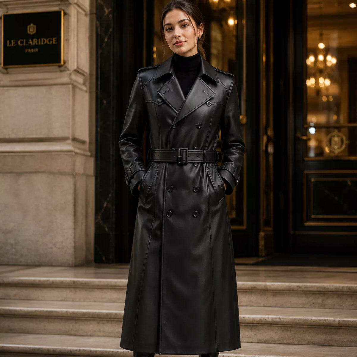 Women’s Black Leather Trench Coat | Long Double-Breasted Belted Coat