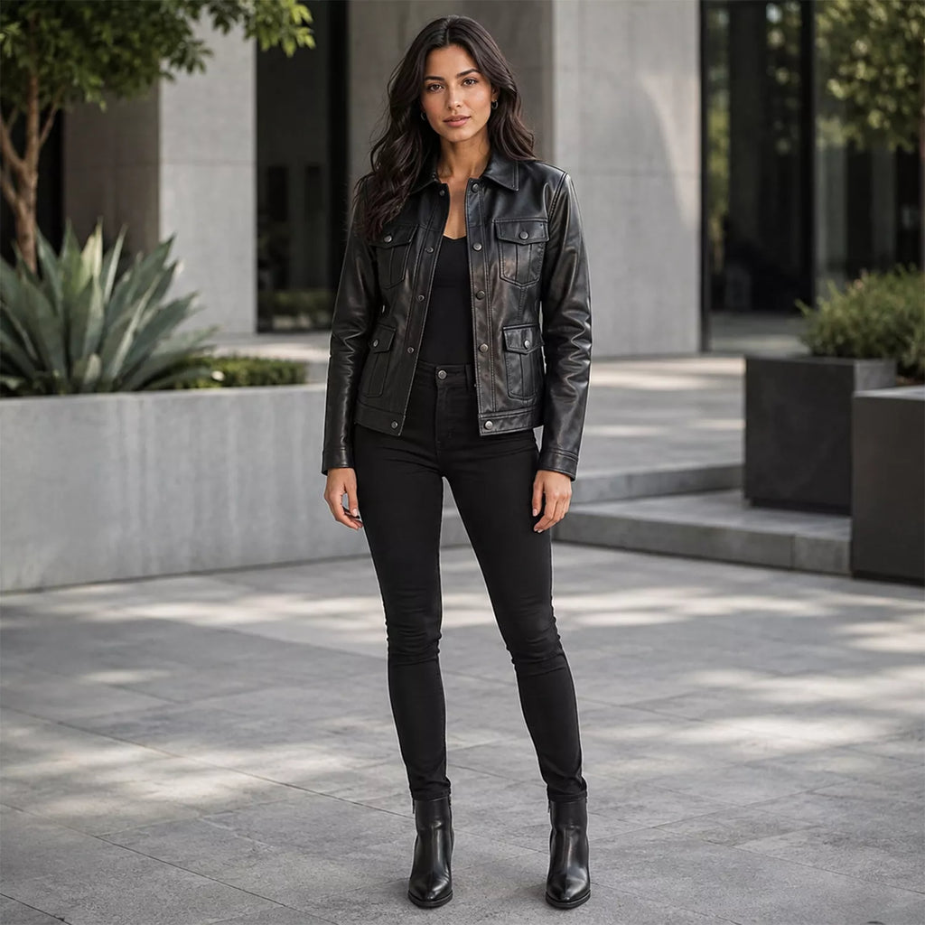 Women’s Black Leather Utility Jacket | Four Pocket Field Style