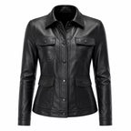 Women’s Black Leather Utility Jacket | Four Pocket Field Style