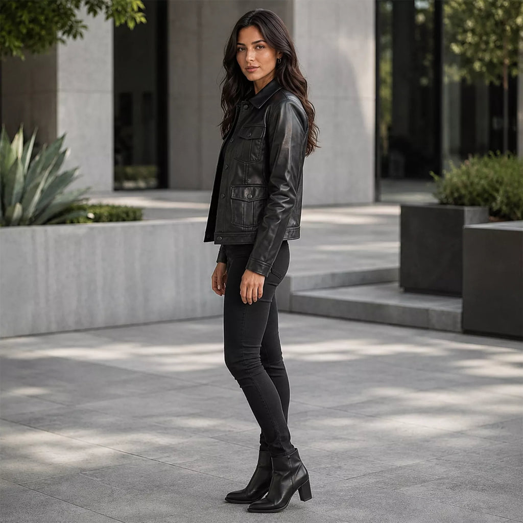 Women’s Black Leather Utility Jacket | Four Pocket Field Style