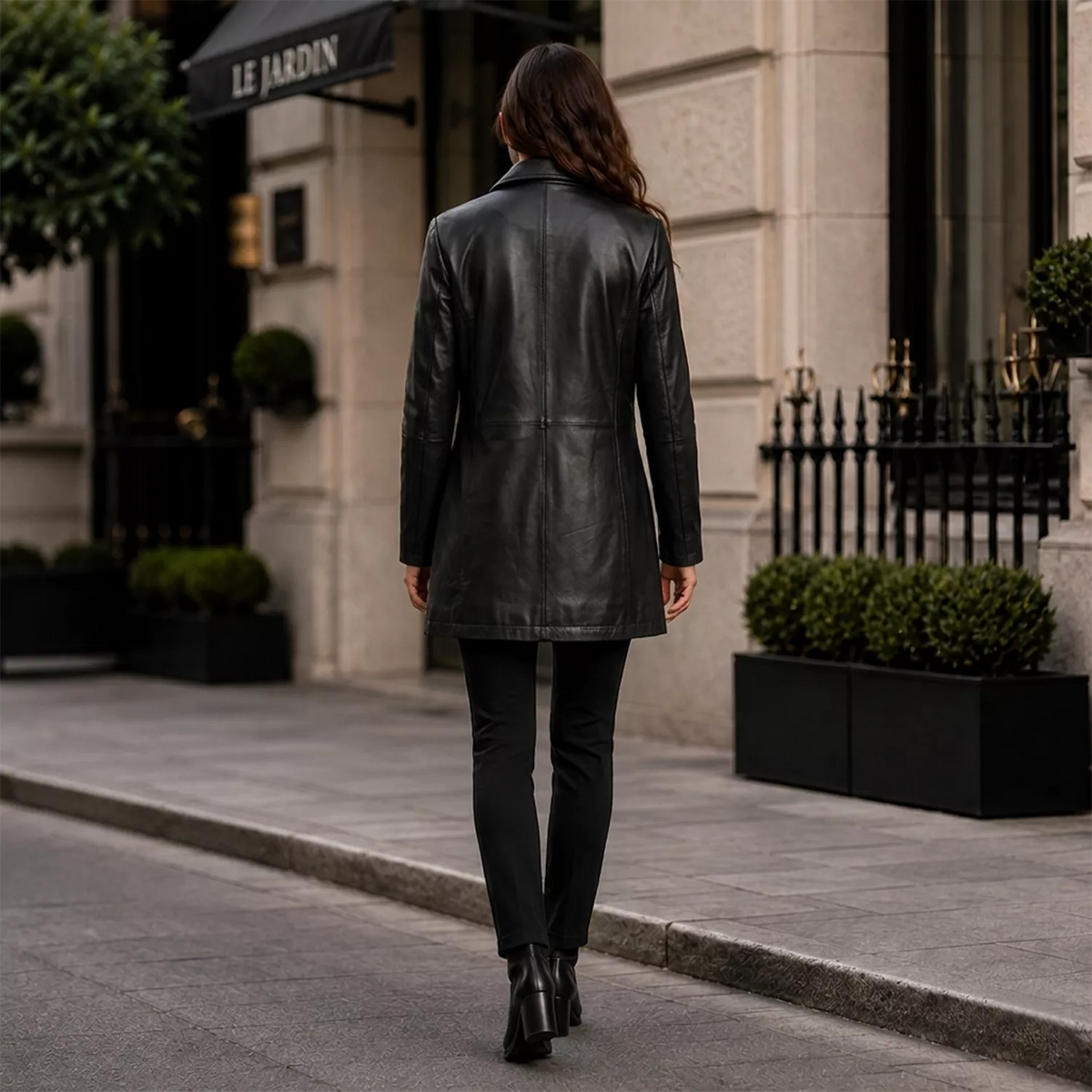 Women’s Black Leather Workwear Coat | Brown Trim Button Front Utility Jacket