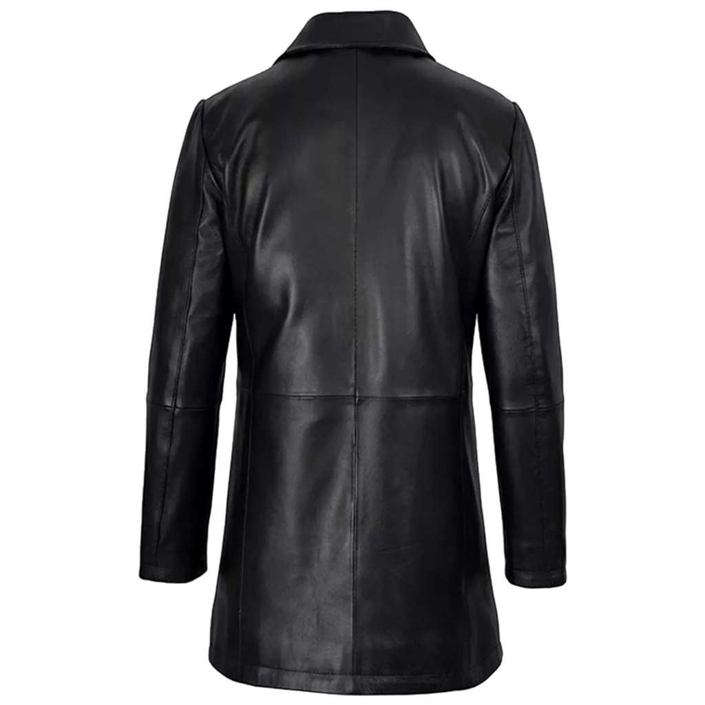 Women’s Black Leather Workwear Coat | Brown Trim Button Front Utility Jacket