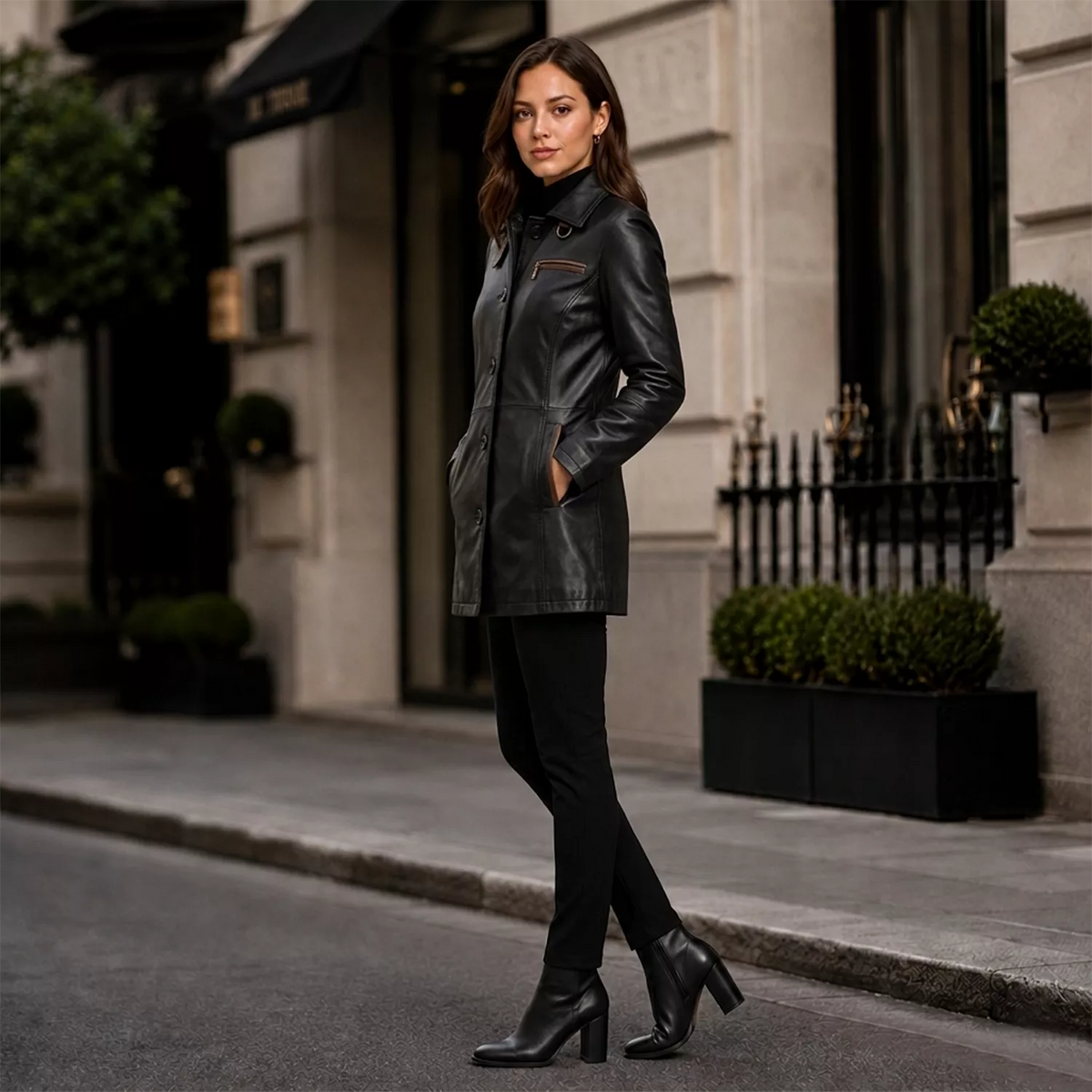 Women’s Black Leather Workwear Coat | Brown Trim Button Front Utility Jacket
