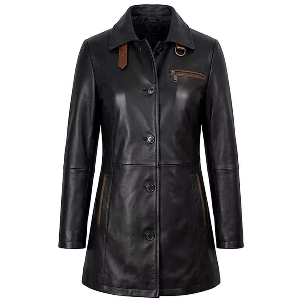 Women’s Black Leather Workwear Coat | Brown Trim Button Front Utility Jacket