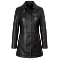 Women’s Black Leather Workwear Coat | Brown Trim Button Front Utility Jacket