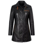 Women’s Black Leather Workwear Coat | Brown Trim Button Front Utility Jacket
