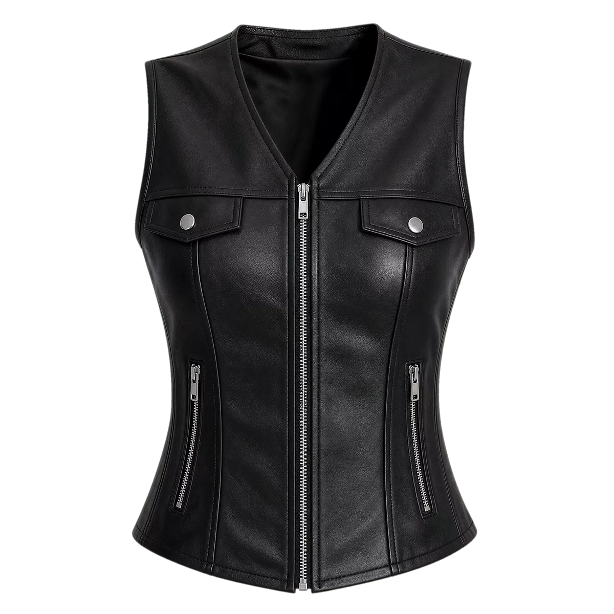 Women’s Black Leather Zip-Up Vest | Sleeveless Moto Waistcoat