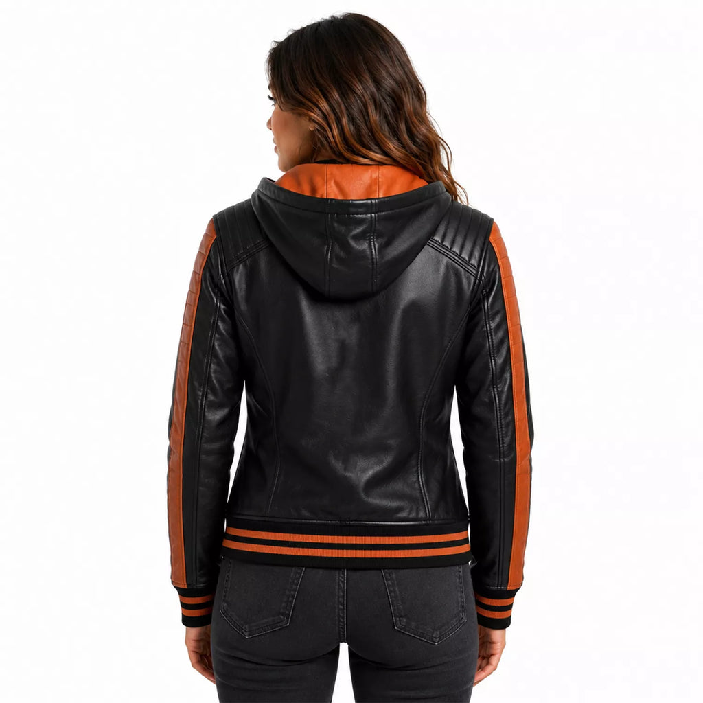 Women’s Black Orange Hooded Leather Bomber Jacket | Quilted Shoulder Zip Jacket