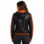 Women’s Black Orange Hooded Leather Bomber Jacket | Quilted Shoulder Zip Jacket