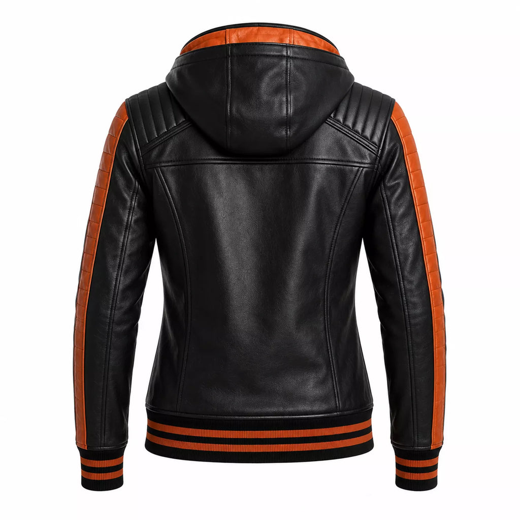 Women’s Black Orange Hooded Leather Bomber Jacket | Quilted Shoulder Zip Jacket