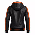 Women’s Black Orange Hooded Leather Bomber Jacket | Quilted Shoulder Zip Jacket