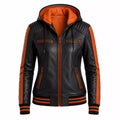 Women’s Black Orange Hooded Leather Bomber Jacket | Quilted Shoulder Zip Jacket