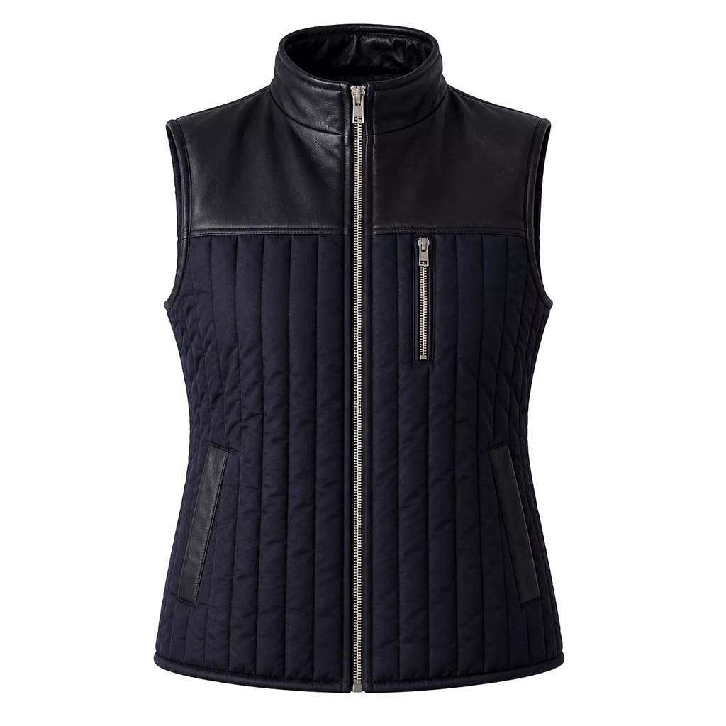Women's Black Quilted Leather Vest | Zip-Up Sleeveless Outerwear