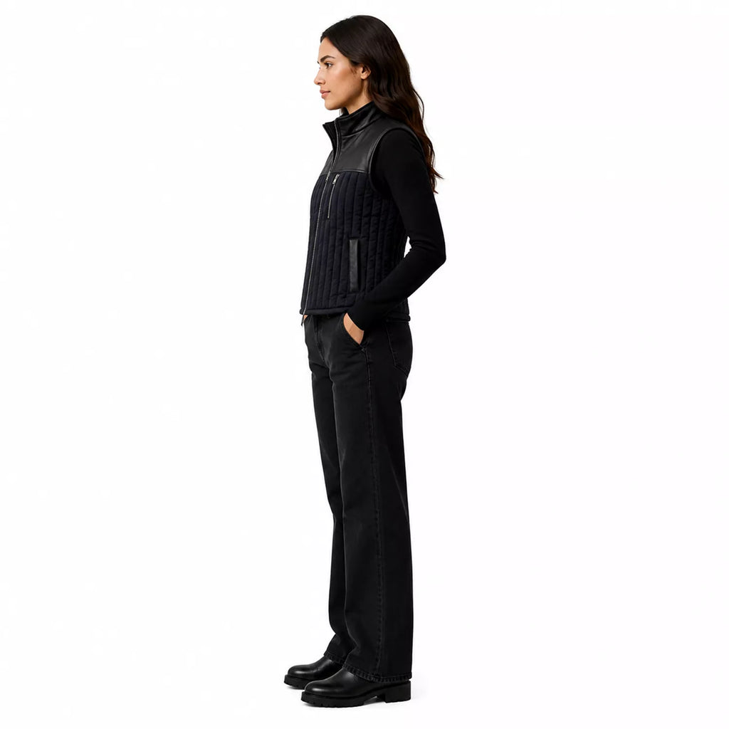 Women's Black Quilted Leather Vest | Zip-Up Sleeveless Outerwear