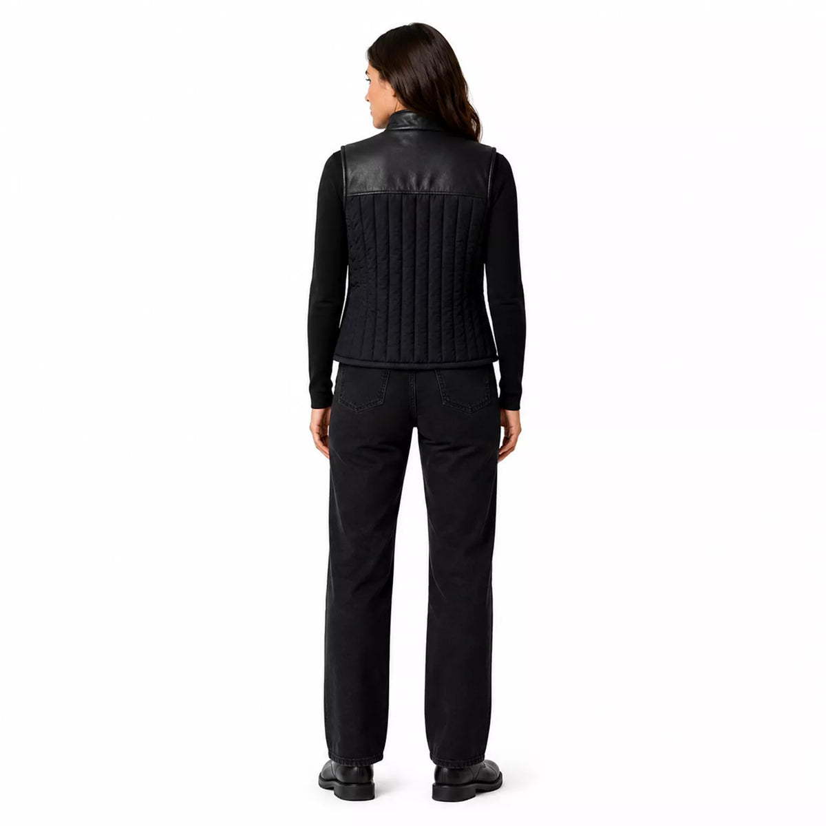 Women's Black Quilted Leather Vest | Zip-Up Sleeveless Outerwear