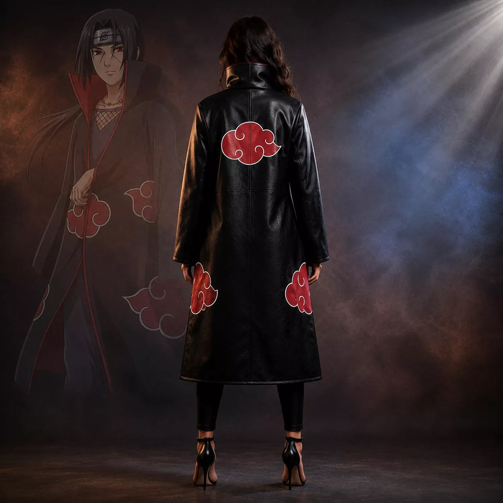 Women's Black Red Cloud Leather Trench Coat | Anime-Inspired Cosplay Coat