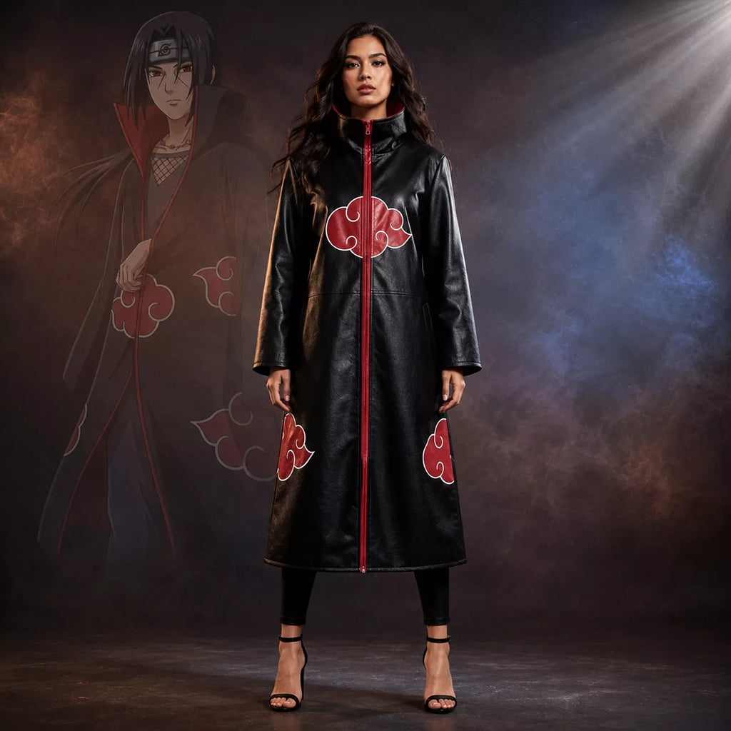 Women's Black Red Cloud Leather Trench Coat | Anime-Inspired Cosplay Coat