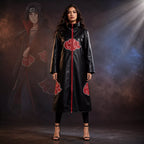 Women's Black Red Cloud Leather Trench Coat | Anime-Inspired Cosplay Coat