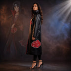 Women's Black Red Cloud Leather Trench Coat | Anime-Inspired Cosplay Coat