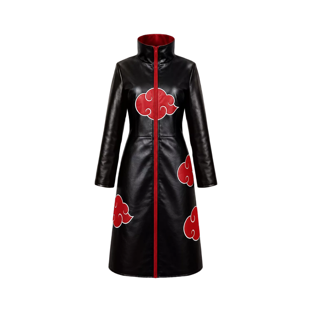 Women's Black Red Cloud Leather Trench Coat | Anime-Inspired Cosplay Coat
