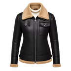 Women's Black Shearling Aviator Leather Jacket | Tan Fur Collar