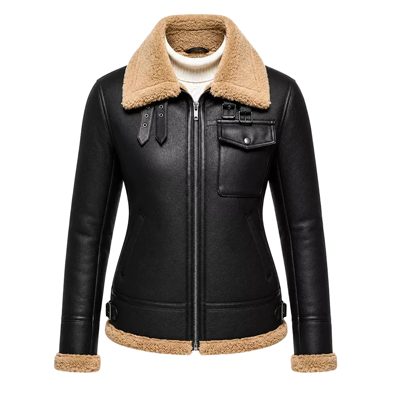 Women's Black Shearling Aviator Leather Jacket | Tan Fur Collar