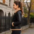 Women's Black Shearling Aviator Leather Jacket | Tan Fur Collar