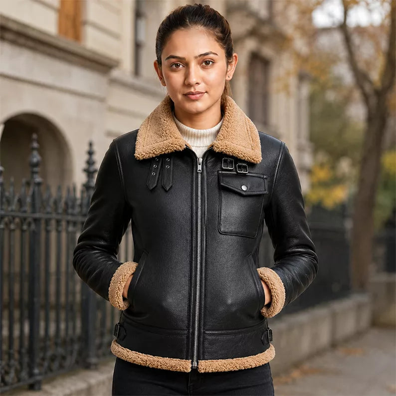 Women's Black Shearling Aviator Leather Jacket | Tan Fur Collar