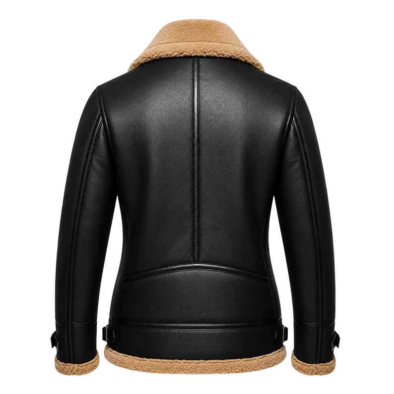 Women's Black Shearling Aviator Leather Jacket | Tan Fur Collar