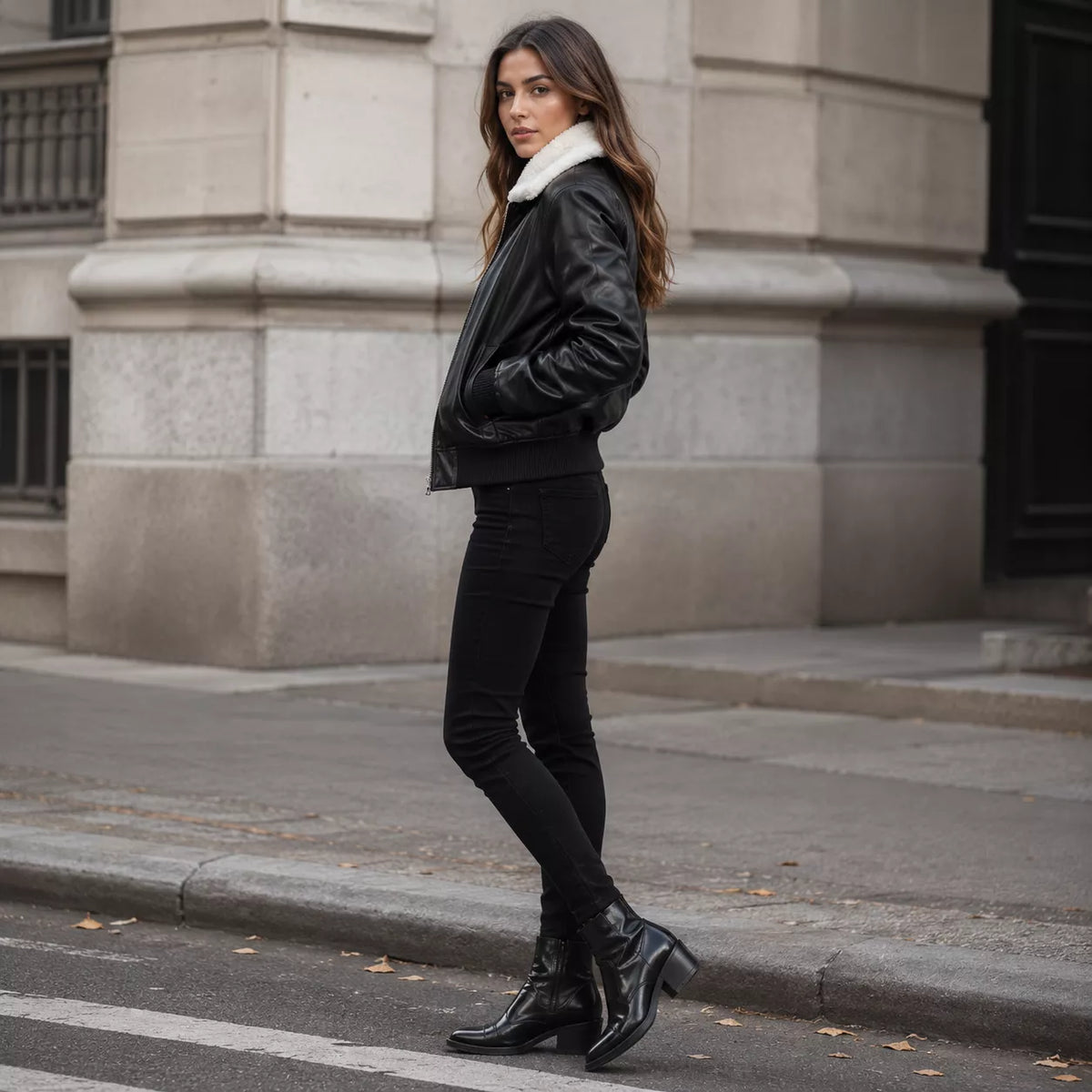 Women’s Black Shearling Collar Leather Bomber Jacket |  Warm Zip-Up Jacket