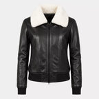 Women’s Black Shearling Collar Leather Bomber Jacket |  Warm Zip-Up Jacket